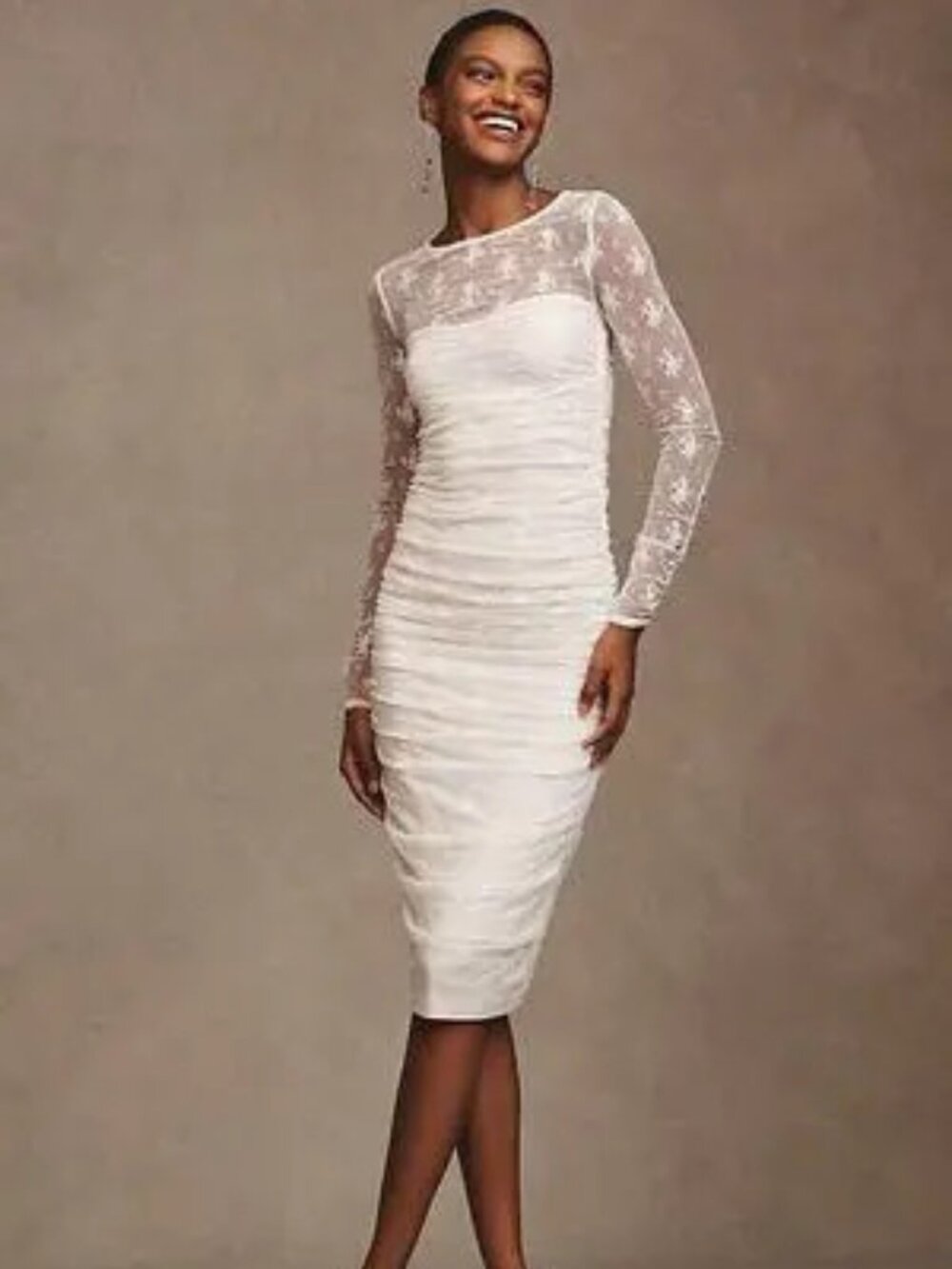 BHLDN Bailee Stretch Lace Ruched Midi Dress